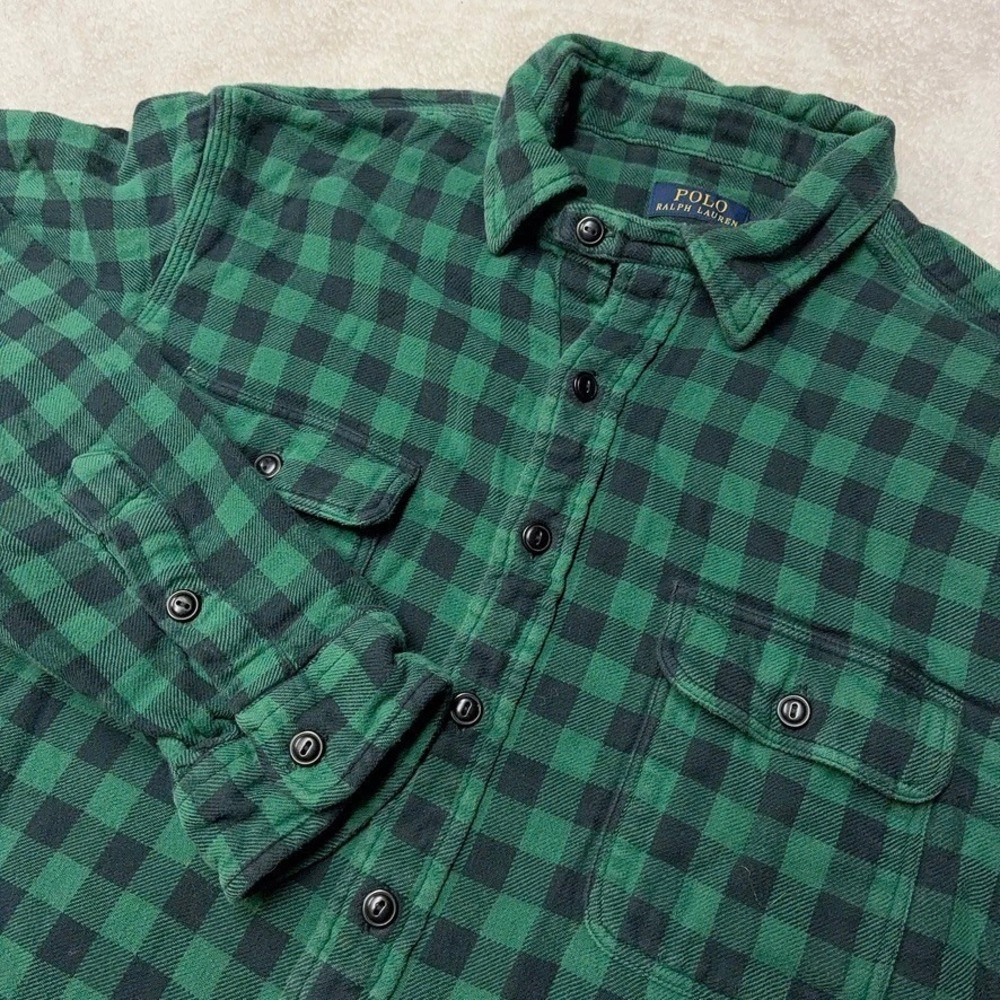 Polo Ralph Lauren Flannel Shirt Chin Strap Heavyweight Green Plaid Mens XXL 2XL